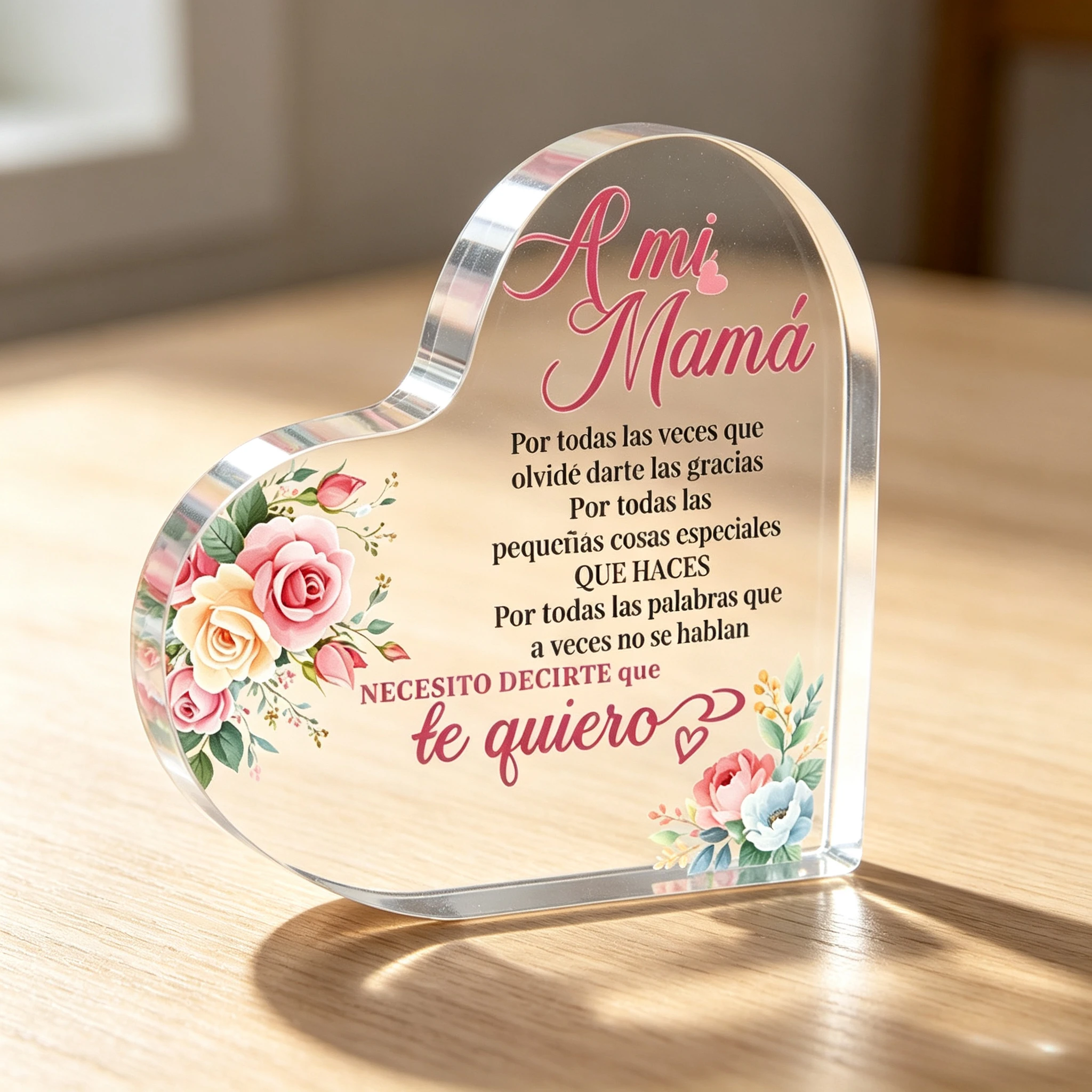A mi Mamá Heart‑Shaped Acrylic Plaque, Rose Floral Spanish Sentimental Keepsake Gift for Mom
