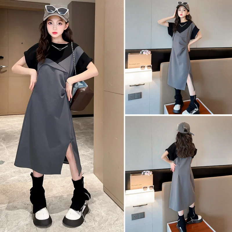 2025 الكورية الصيف المراهقات فتاة فستان من قطعة واحدة الأطفال فتاة التباين فستان مستقيم فساتين الاطفال فستان أنيق لفتاة