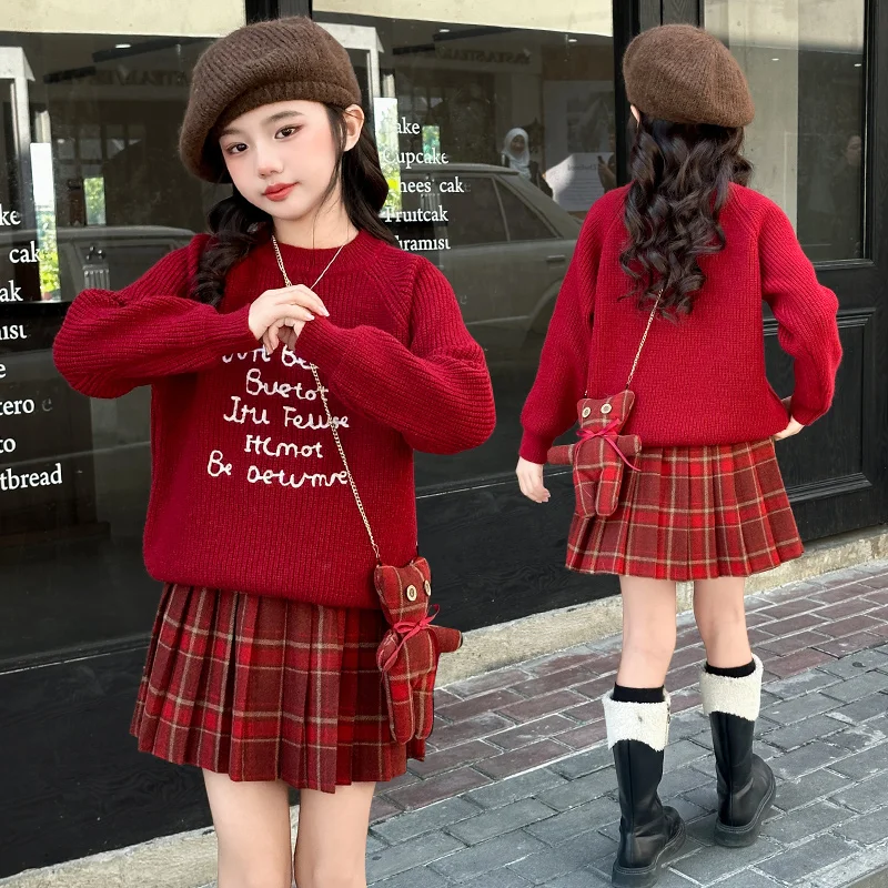 new year teen girl red sweater clothes set Embroidered letter knitted top+Plaid pleated skirt 2pcs junior kid suit child outfits