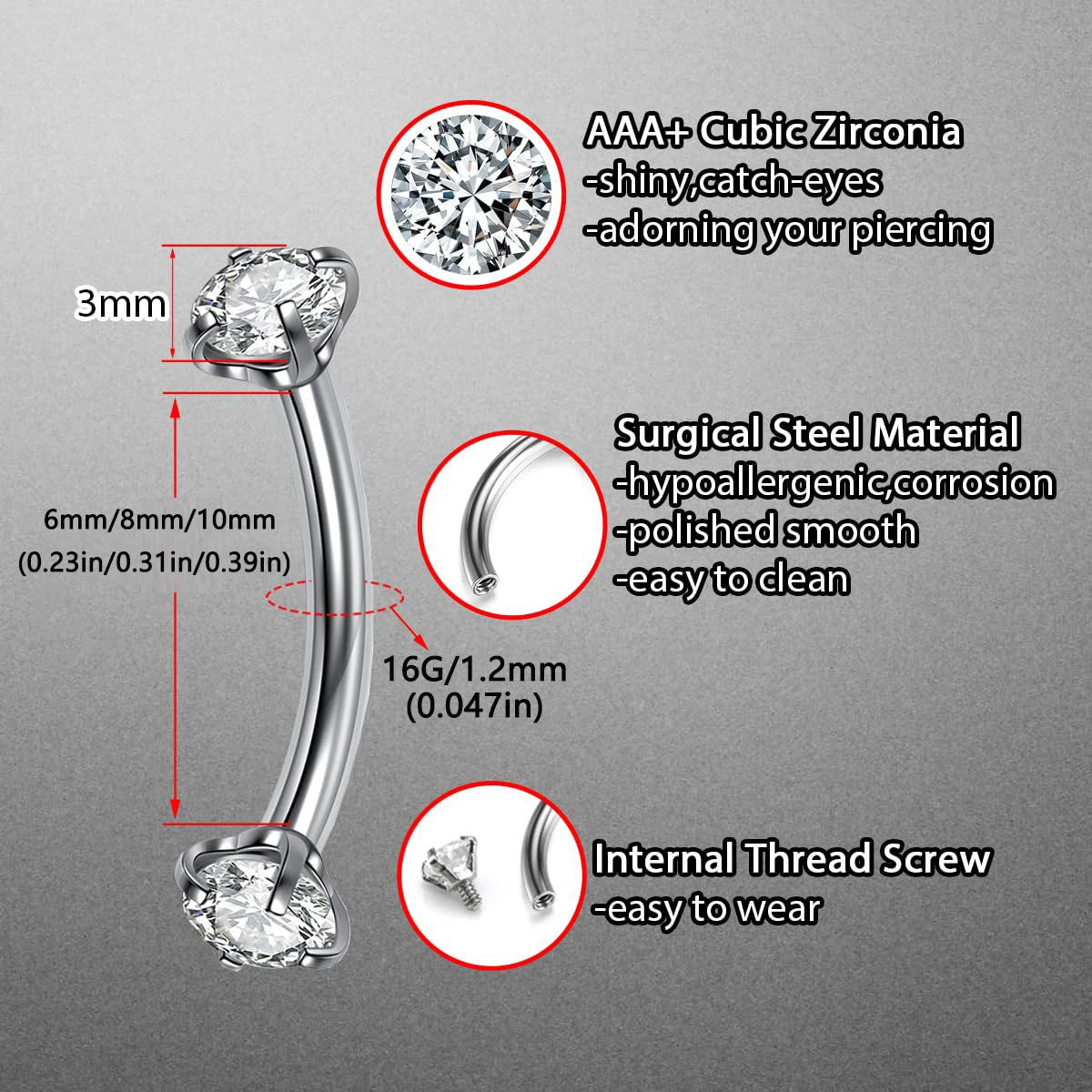 16G 1.2mm Clear Cubic Zirconia Internally Thread Curved Barbell Eyebrow Tragus Ring Piercing Jewelry 6mm 8mm 10mm Lips Ring