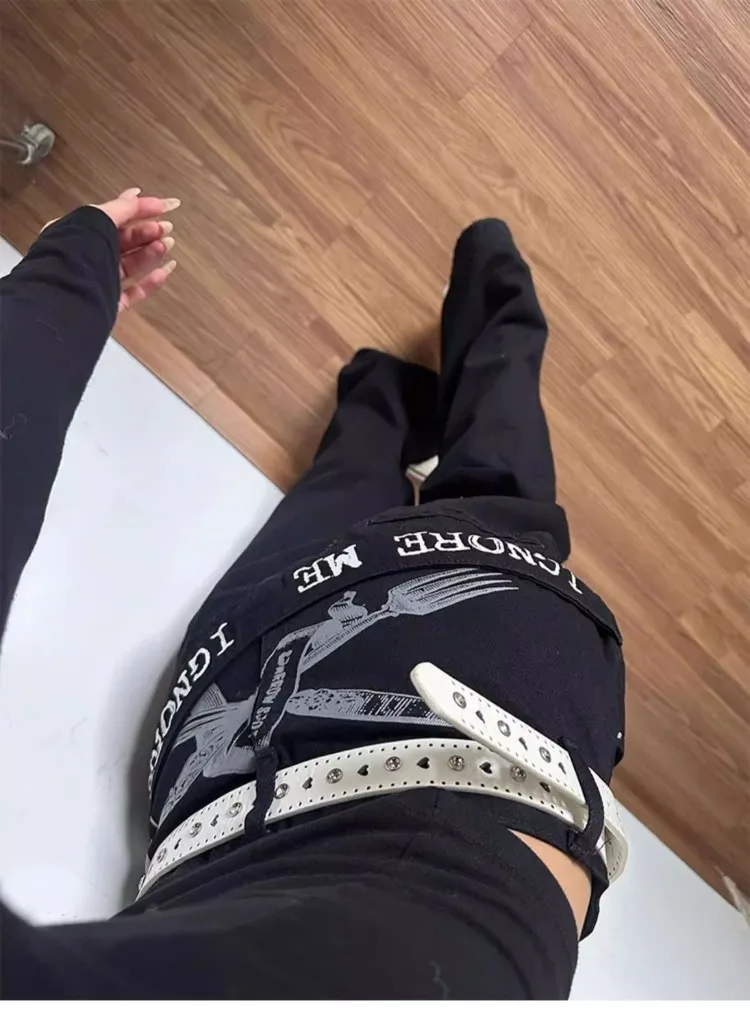 Women's Fashionable Letter Pattern Design Jeans Casual Pants Summer Wide Leg Trousers Female High Waisted Punk Style Sweatpants