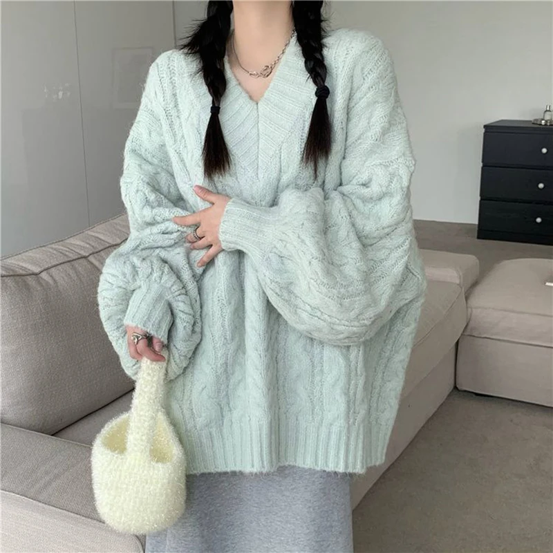 Autumn Winter Harajuku Women Sweater Cute Oversized Knitted Pullover Korean Long Sleeve V Neck Sweater Preppy Solid Loose Jumper