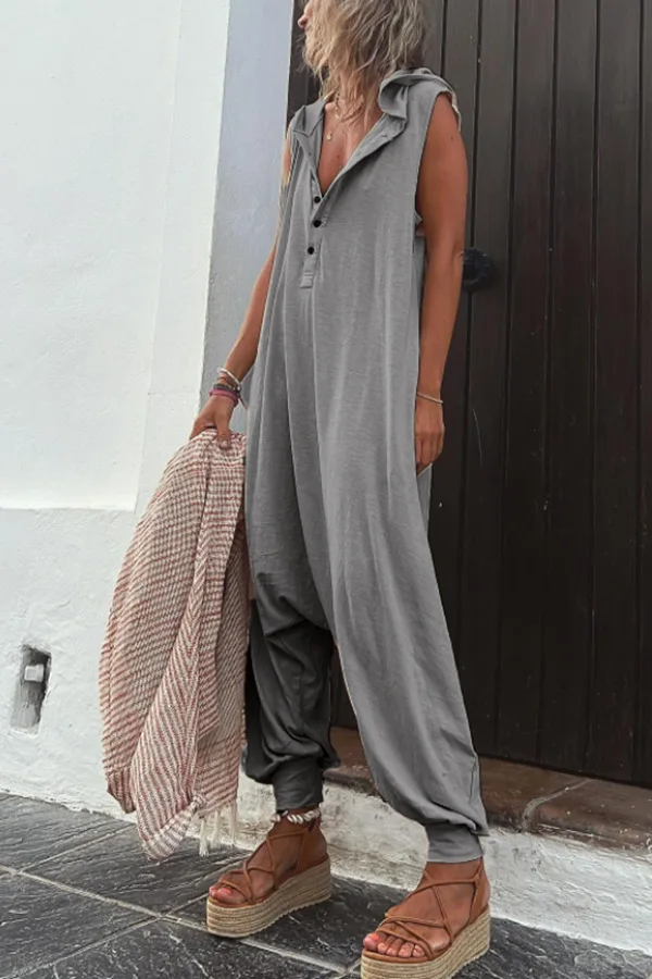Damen Sommer Ärmelloser Lässiger Kapuzen-Jumpsuit V-Ausschnitt Lose Haremshose Einteiler für Urlaub und Alltag – Detail 16