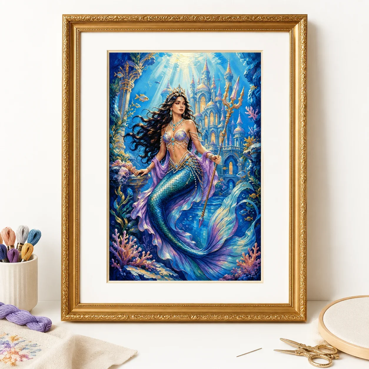 [ZZ8898-Poseidon Mermaid Princess]11CT 14CT 16CT DIY Stamped Cross Stitch Kit with Printed Canvas and Cotton Threads Embroidery