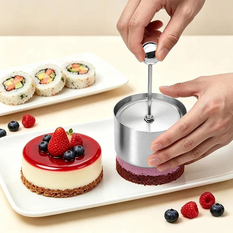 6PCS Stainless Steel Cake Ring Mold Set Push Mousse Cake Roll Baking Mold with Silicone Spatula Oil Brush Healthy Kitchen Tool