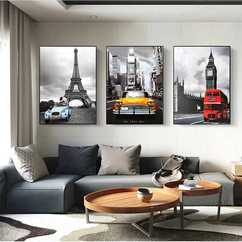 Landscape Towers Sports Cars Red Buses Prints and Posters Modern Black and White City View Canvas Painting For Living Room Decor