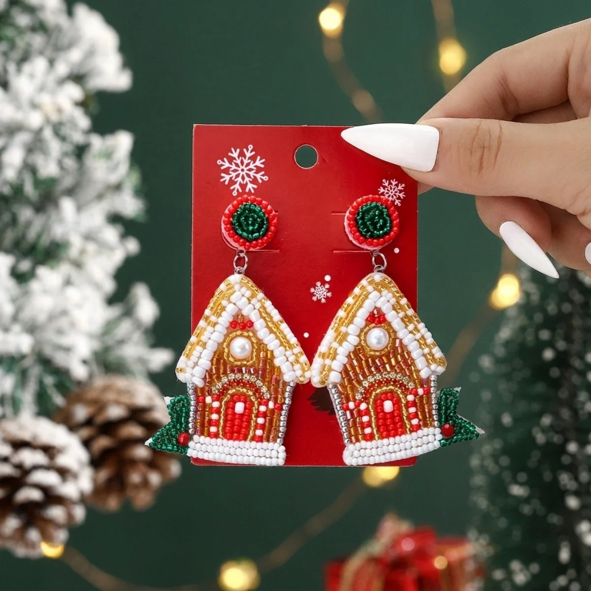 Weihnachtliche Ohrringe in Form eines Hauses mit Reisperlen für Damen, bunte Perlen, Weihnachtsmann, Rentier, Schneeflocke, Baum, Schleifen-Ohrringe, Schmuck. – Detail 15
