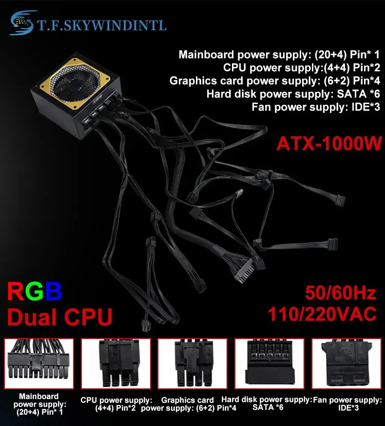 1000W RGB Dual CPU PC PSU PC Power Supply For Computer Gaming PFC Silent Fan ATX Support 3070/3080/3090 GPU Card Full Modular