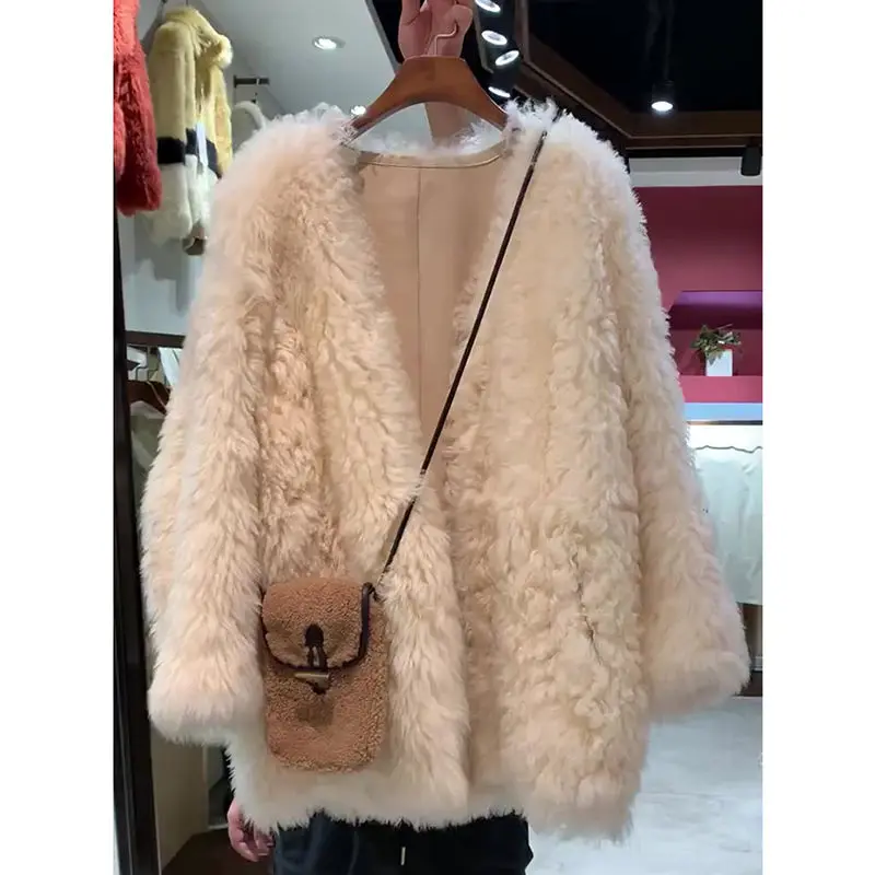 

Fluffy Faux Fur Coat with V-neck Women Winter Loose Plush Jacket Ladies Chic Fashion Parka Outwear Fashionable Trendy Jacket C67