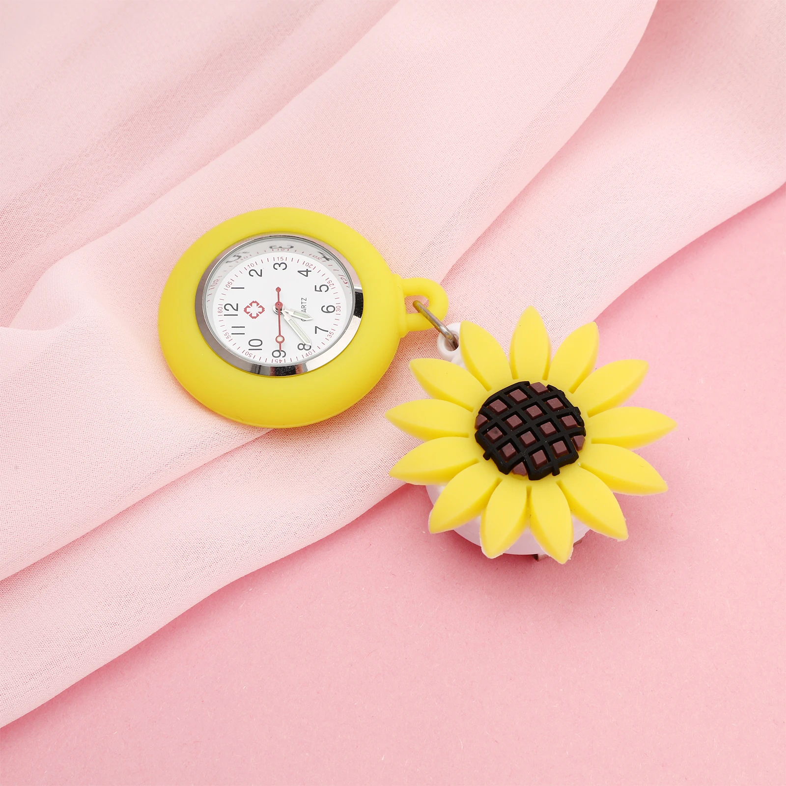 

Nurse Watch Sunflower Design Soft Silicone Durable Fob Stretchable Rope Large Dial Nurse Chest Pocket Watch for Students Yellow