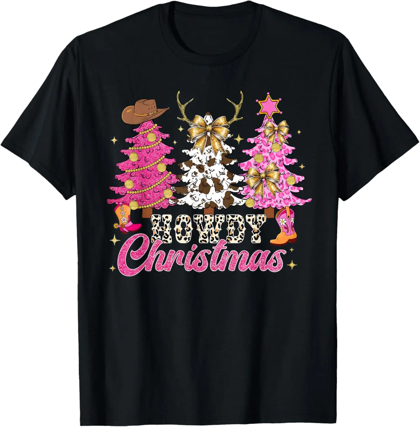 

Howdy Christmas Western Cow Print Tree Cowgirl Graphic Tee Breathable Short Sleeve T-Shirt