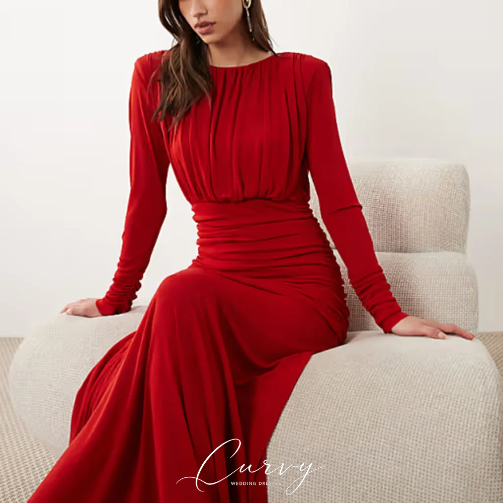 Curvy Modern Red Evening Dresses for Women Round Neck Ruched Long Sleeve  A-Line Formal Party Dress Customized 2026