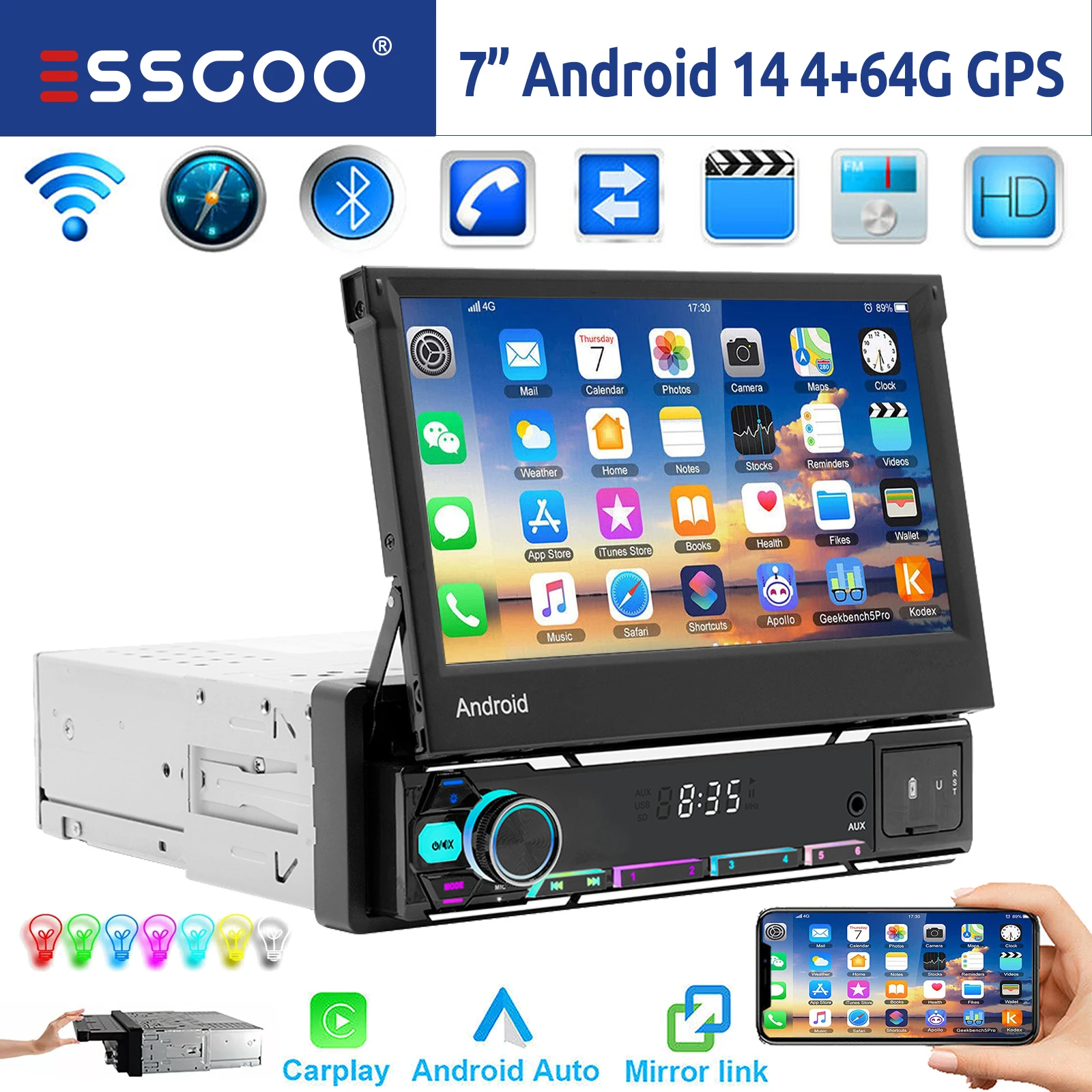 ESSGOO 7" 1 DIN Android 14 4+64G Autoradio Wireless Carplay Android Auto Schermo Touch Ribaltabile GPS NAVI WIFI Bluetooth FM RDS USB AUX Controllo al Volante EQ Mirror Link