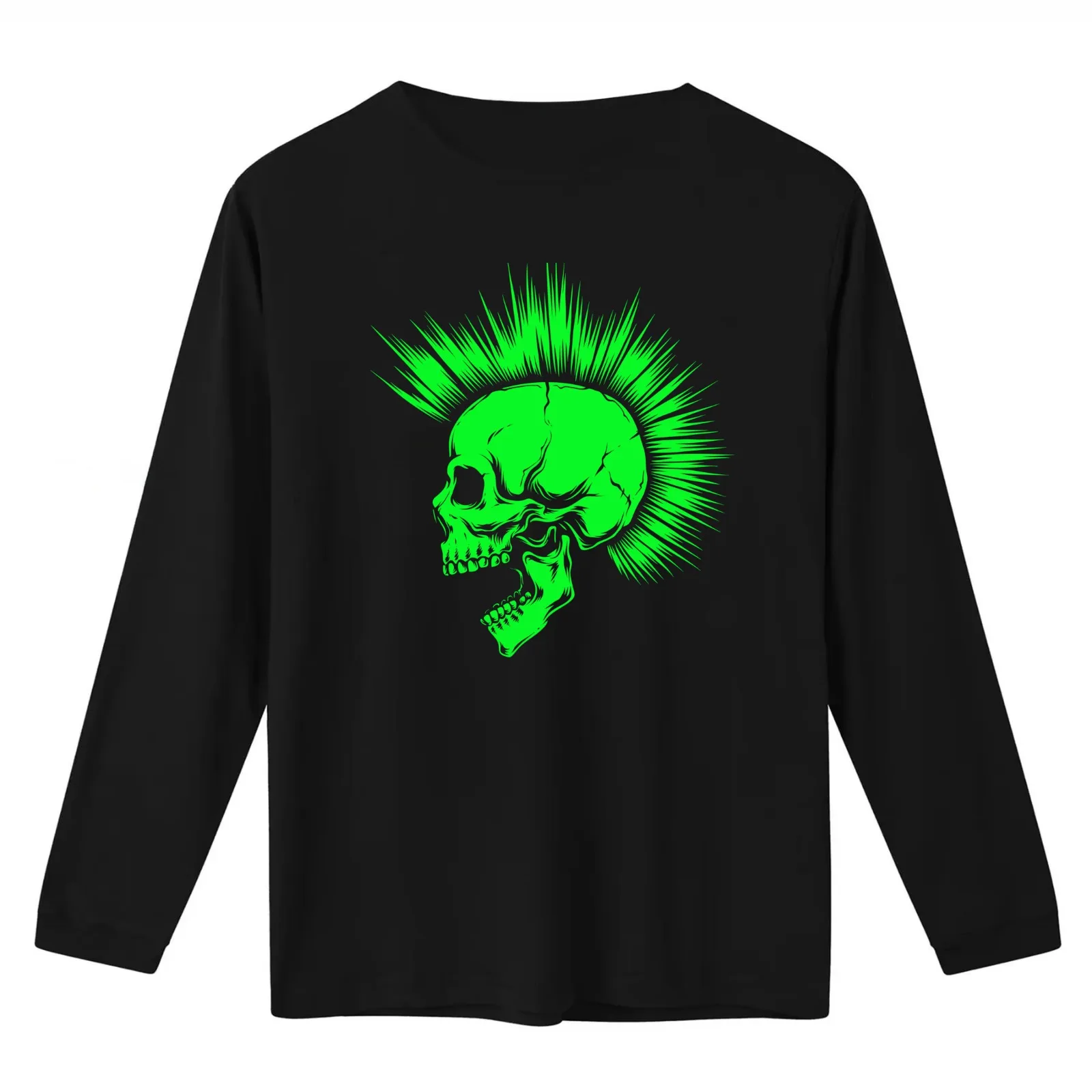 Fluo Green Punk Skull with Mohawk T-Shirt Summer Casual Cotton Tee Oversized Streetwear Tops Vintage Graphic Print