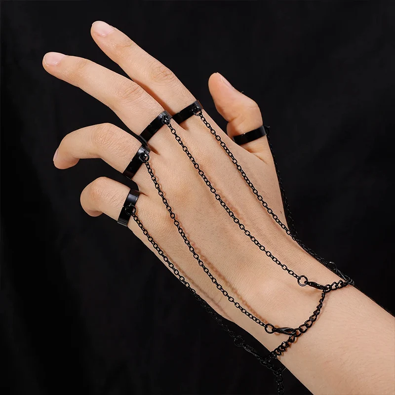 Punk Geometric Black Color Chain Wrist Bracelet Ring For Women Men Open Ring Silver Link Chain Girls Cool Design Fashion Jewelry