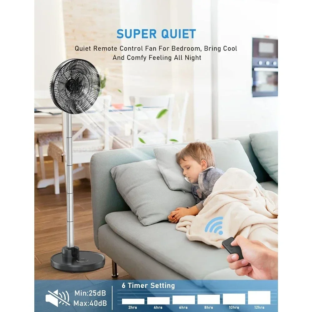 Oscillating Standing Fan 12” Foldable Portable Quiet Floor Fan 12000mAh Rechargeable Pedestal Fan with , Timer Setting