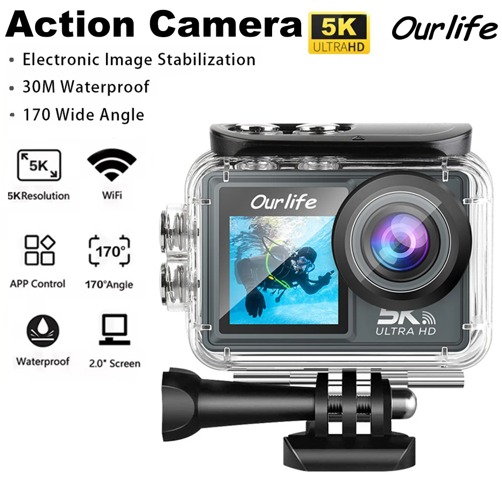 

Экшн-камера Ourlife MTR40 5K30FPS с 2,0-дюймовым сенсорным IPS-экраном, Wi-Fi, 170° ° Профессиональная спортивная камера для шлема с 5-кратным зумом и водонепроницаемостью 30 м