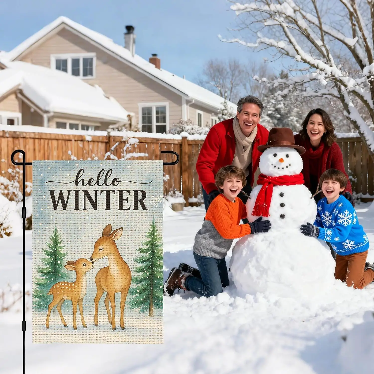 IVN Winter Deer Family In Snow Scene Coarse Linen Garden Flag 12x18inch Linen Double-Sided Outdoor Yard Flag Suitable for Po EEZ