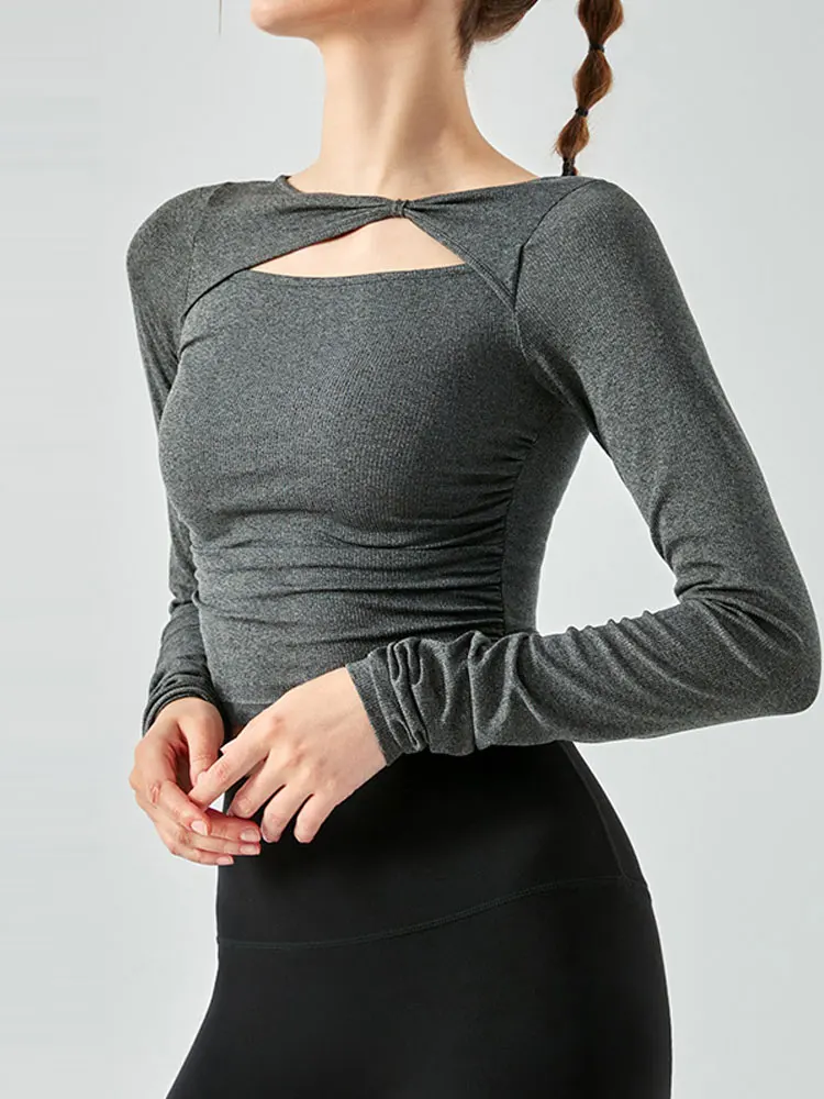 Pleated Cutout Slim Sport Shirt Women Yoga Wear Fake Two Pieces Pilates Crop Top Long Sleeve Fitness Blouse Gym Workout Pulovers