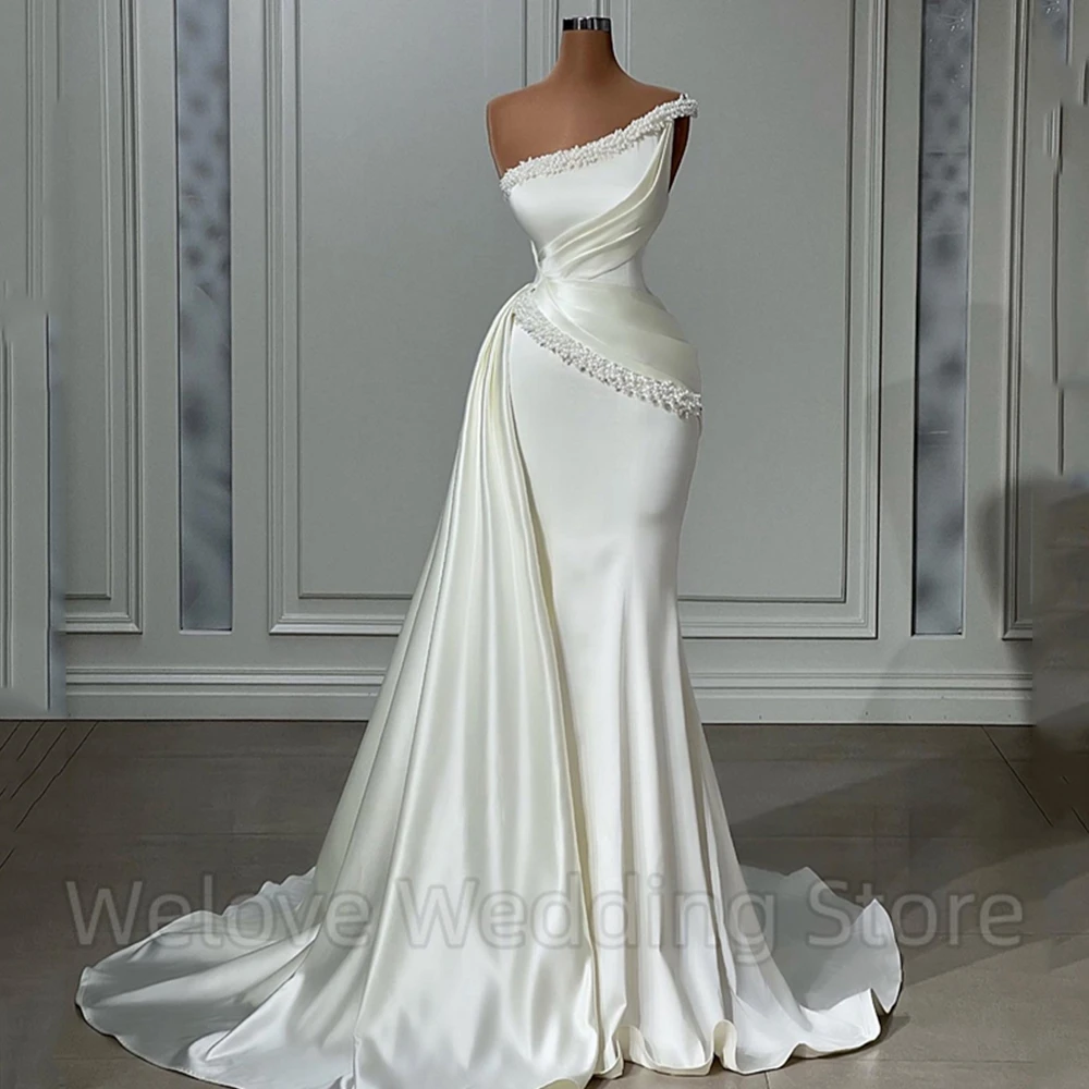 One Shoulder Sleeveless Wedding Dress Classic Pleat and Pearls Mermaid with Sweep Train Floor Length Bridal High Quality Gowns