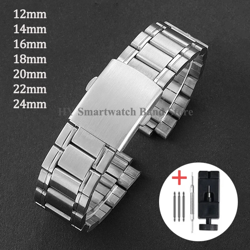 12mm 14mm 16mm 18mm 20mm 22mm 24mm Stainless Steel Watch Band Replacement Folding Buckle Bracelet Metal Wrist Band Universal