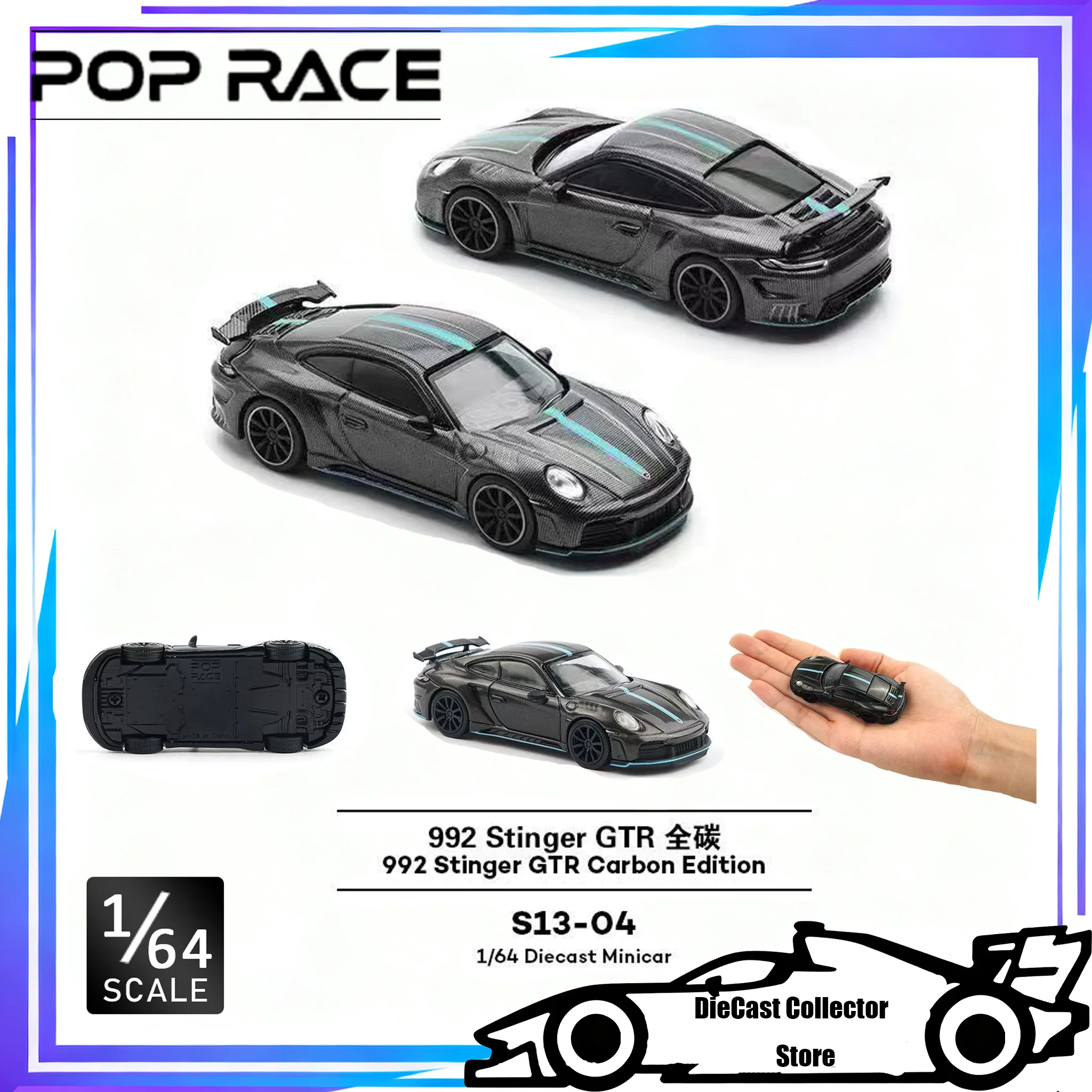 

POP RACE 1/64 Porsche 992 Stinger GTR Carbon Edition Sports Car, Die-Cast Alloy Model Car Children toys