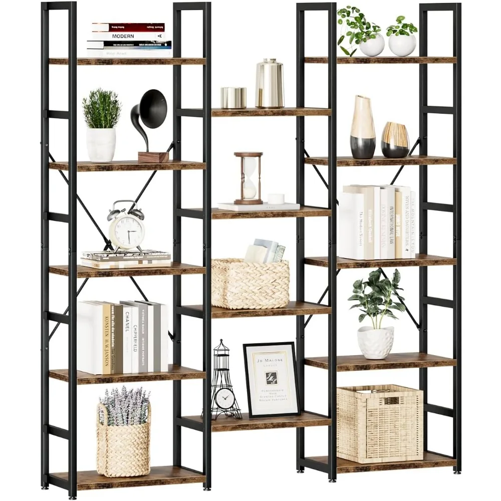 

Triple Column 5 Tier Bookshelf - Adjustable Rustic Industrial Style Bookcase with 14 Open Display Shelves