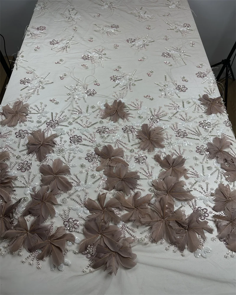 

Hot Sale 3D Feather Handmade Embroidery Net Lace Beads Sequins Fabric For Women Party Evening Dress Africa Design,High Quality