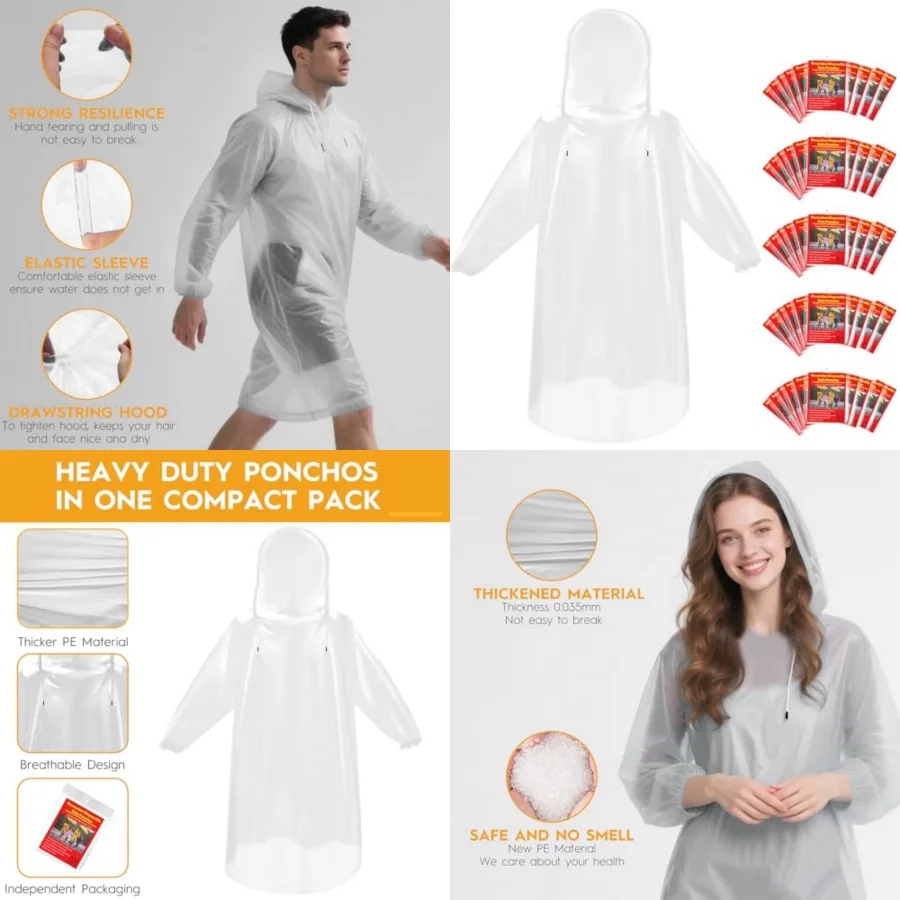 

and and Disposable Rain Ponchos for Adults/Youth, Waterproof PE Raincoats with Drawstring, Camping/Emergency