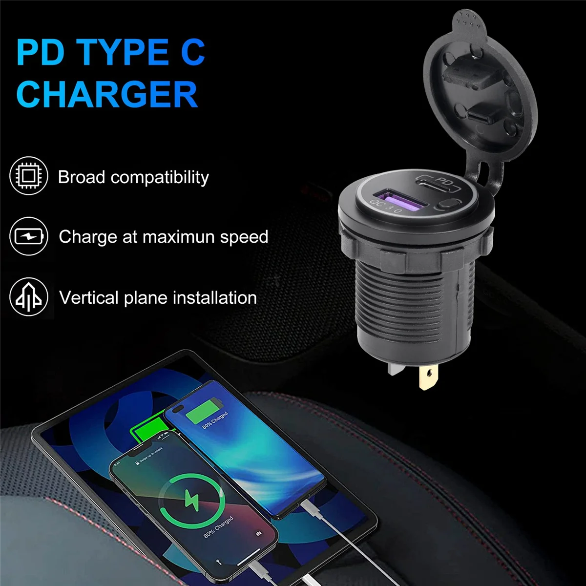 Chargeur de voiture USB PD Type C et chargeur rapide QC 3.0, prise de courant 12V avec interrupteur marche/arrêt, moto, montres RL, bleu