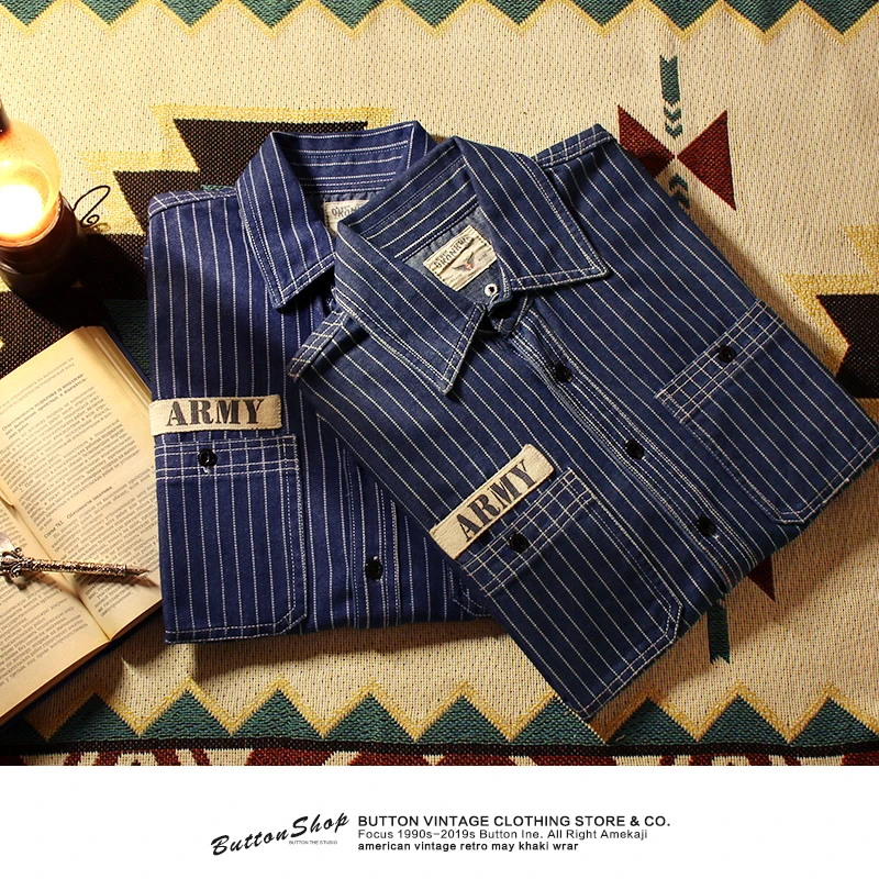 

Мужская джинсовая рубашка в стиле ретро, с эффектом состаривания, приталенная, с полосками в стиле железнодорожной униформы, из чистого хлопка, для осенней моды