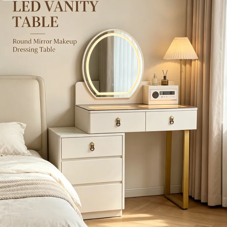 Custom LED Lighted Dressing Table Oval Illuminated Mirror White Makeup Desk with Independent Side Storage Cabinet Drawers