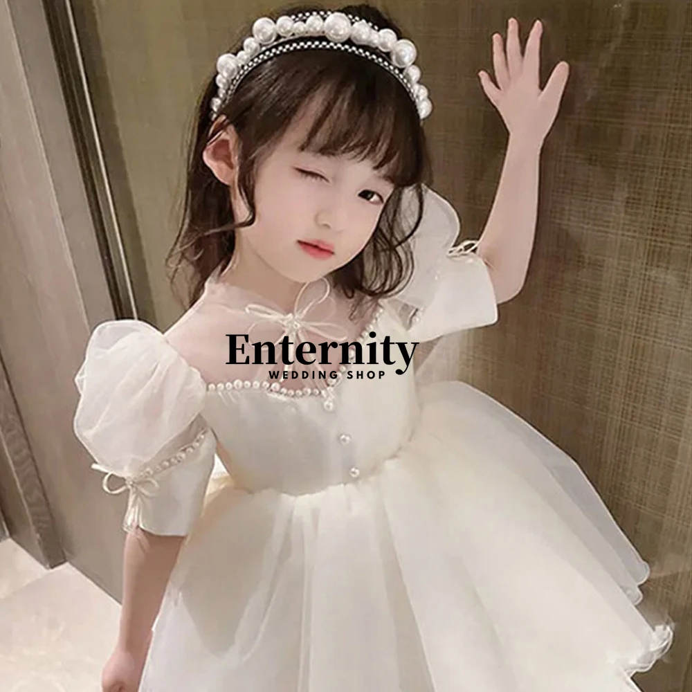 Flower Girls O-neck Child Girl Dress Puff Sleeve First Communion Dress Bow Glitter Mid-Calf Платья для девочек-цветочниц