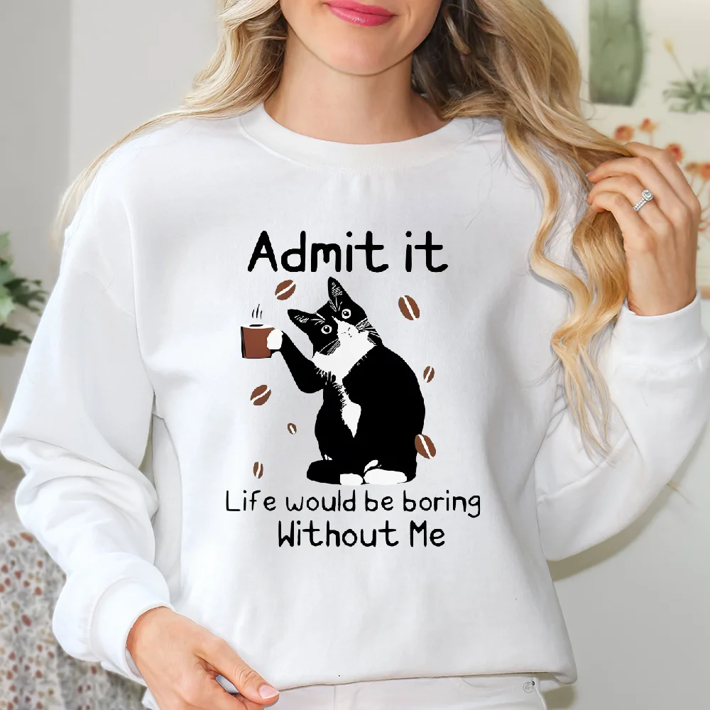 Aesthetic Sweatshirt Long Sleeves Stylish Pullover Y2K Graphic Hoodies Crew Neck Casual Daily Wear Funny Cat Meme Admit It