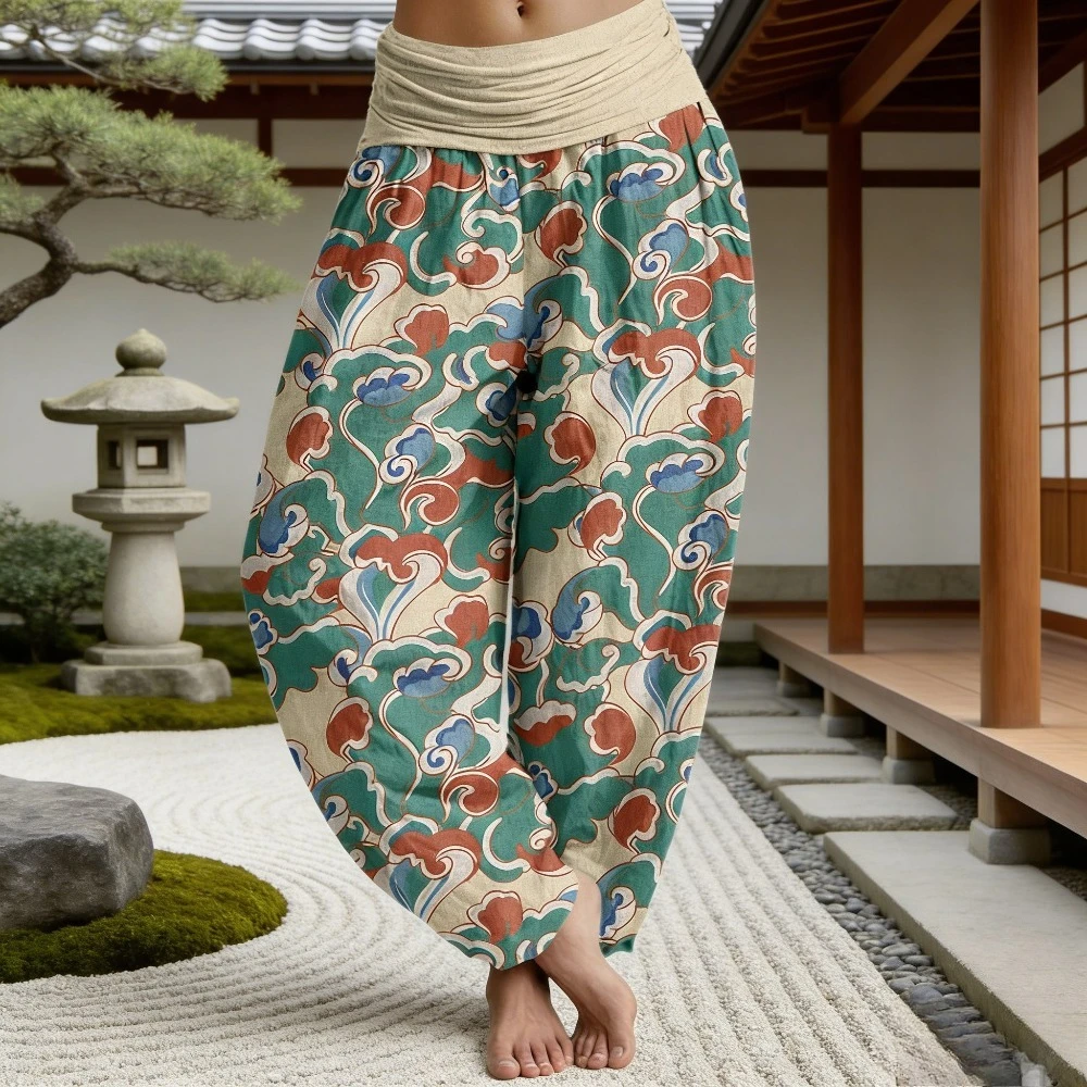 Women's Oriental Cloud Print Harem Pants Cotton Comfort Draping Elastic High Waist Meditation & Yoga Loungewear Vintage Trousers