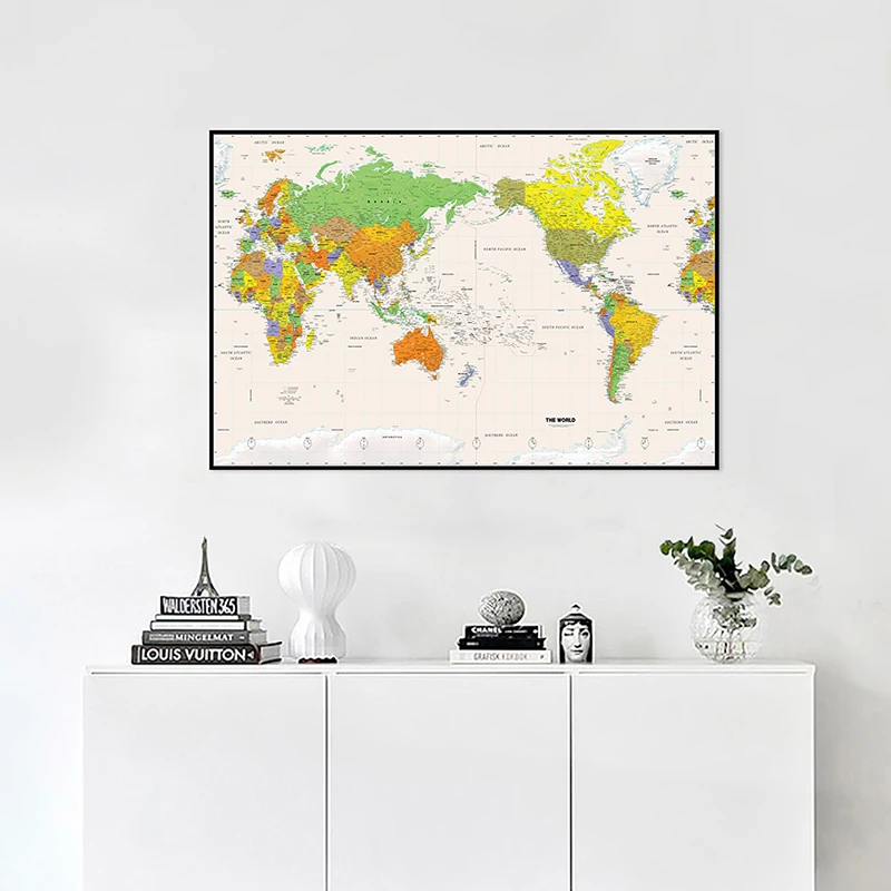 A2 tamanho impresso o mapa físico do mundo pintura sem moldura da lona fina para a decoração da parede do escritório em casa