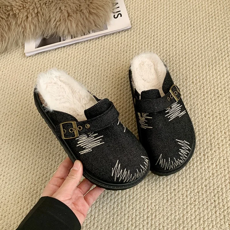 Black Velvet Womens Slippers with Non-slip and Wear Resistant Belt Buckle Mid-heel Close Toe 2024 New Winter PU Cotton Slippers