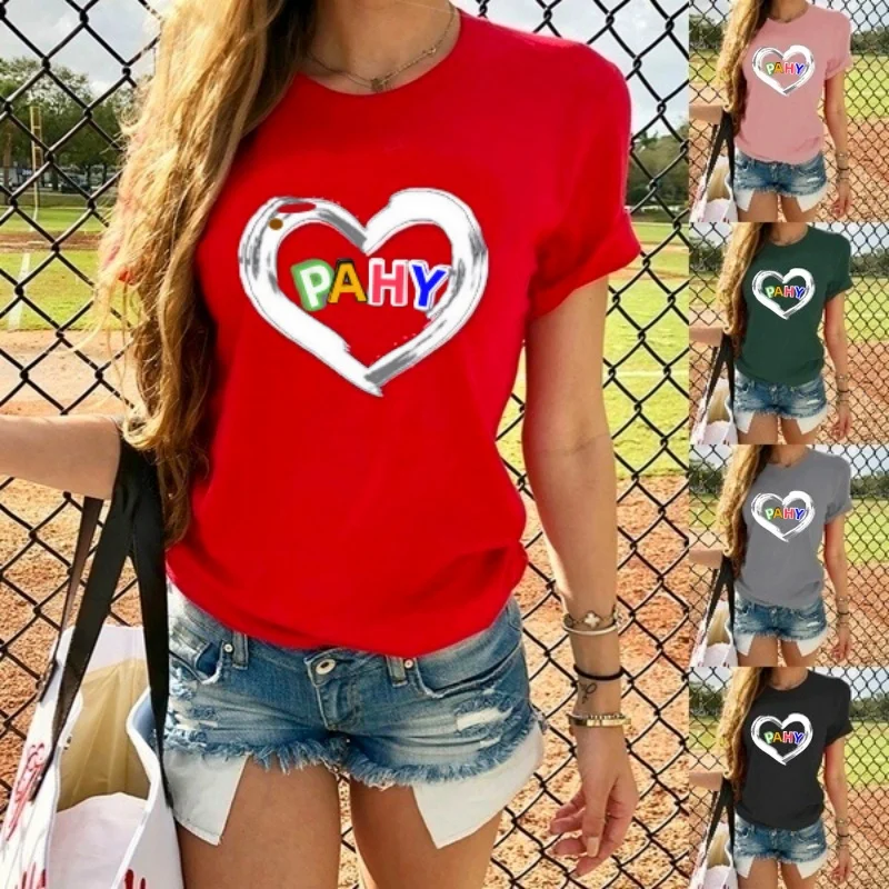 New Ladies Fashion Love Print Short Sleeve T-Shirt Summer Casual Graphic T-Shirt Tops Manufacturer Straight Hair T-Shirt