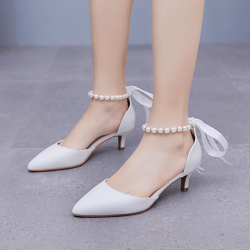 Crystal Queen Women Stiletto White Pearl Ribbon Dress Shoes Party 5CM High Heels Elegant White Pumps