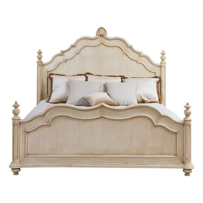 

American retro solid wood bed, French light luxury white cream style master bedroom double carved high-end European