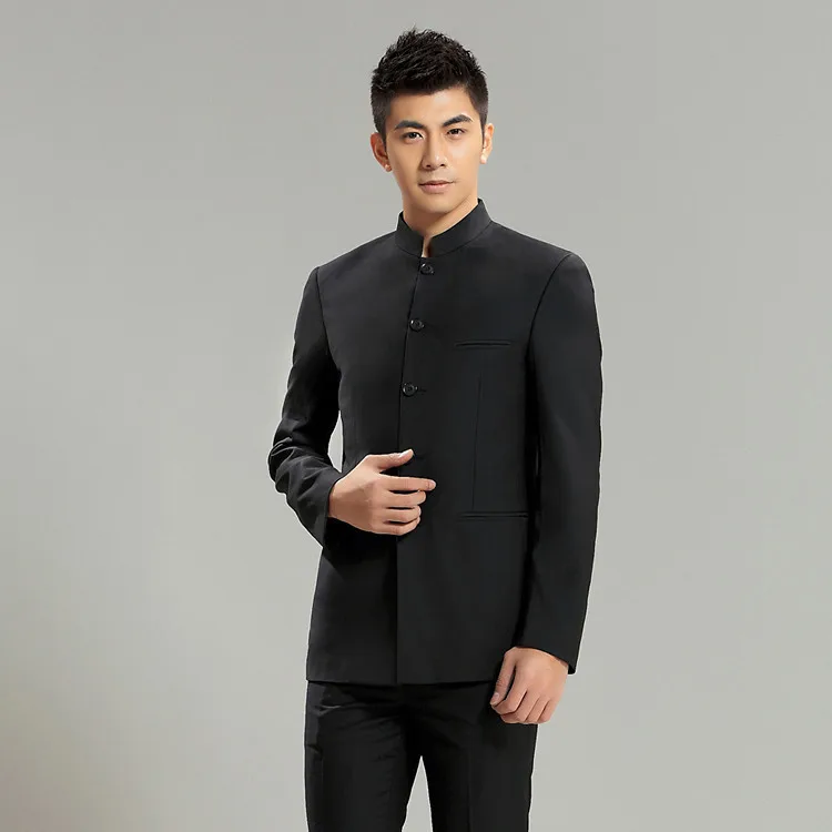 Solid Black Chinese Mao Suits Stand Mandarin Collar Men Blazer