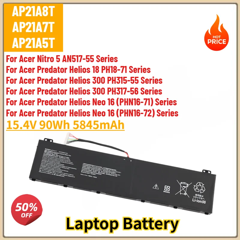 15.4V 5845mAh AP21A8T AP21A7T AP21A5T Laptop Battery For Acer Nitro 5 AN517-55,Predator Helios 18 PH18-71,300 PH315-55 PH317-56