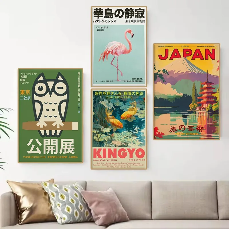 1pc frameless Canvas Painting Vintage Japanese Tokyo Exhibition Poster Japandi Scenery Peacock Crane Cat Floral Canvas Painting