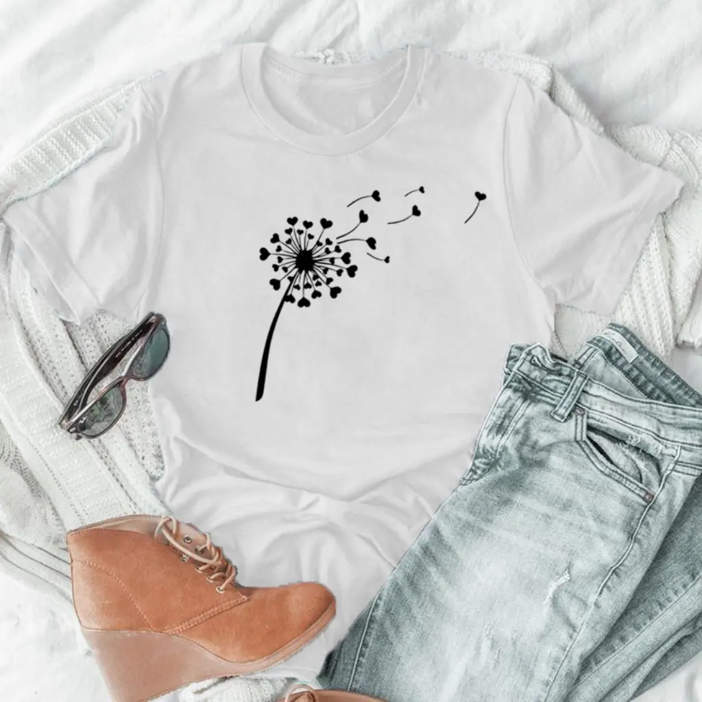 

Women's round Neck Short-Sleeved T-shirt Casual Simple Dandelion Pattern Independent Station Wish