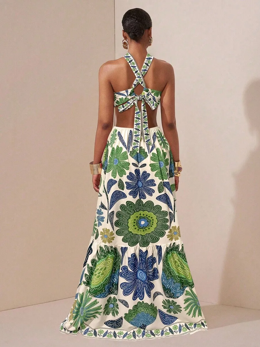 

Floral Print Halter Neck Maxi Dress With Bow Back Strap
