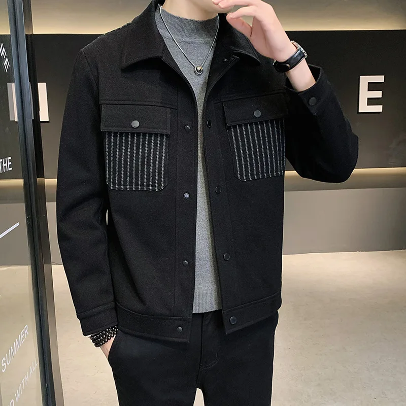 

High Quali Men's ort Woolen Jaet Autumn Winter Plaid Flip Collar Sli Versatile Cotton Blend Commute Sle Pure Color