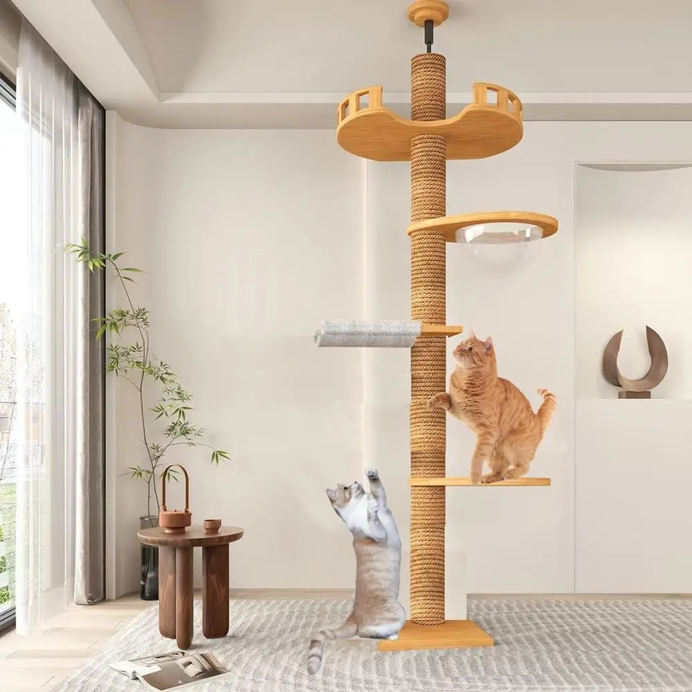 Adjustable Height Wooden Cat Tower with Jumping Platforms, Sisal Rope, and Interactive Toys