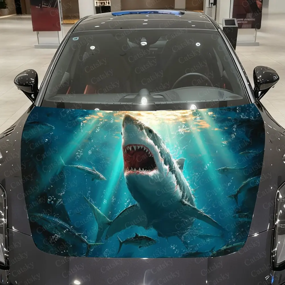

Deep Blue Sea Giant Shark Car Vinyl Wrap, PVC Material Waterproof Car Hood Sticker, Self-Adhesive Scratch-Resistant Stickers for