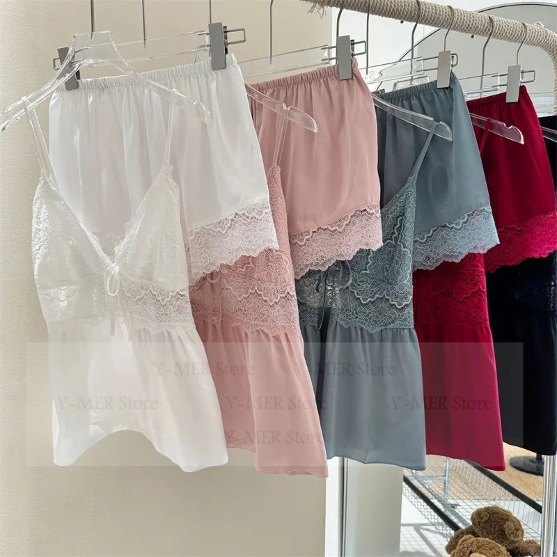 Ice Silk Sleepwear Women Sexy Lace Trim Lingerie Suit Satin Pijama Mujer Female Nightgown Loungewear Pyjamas Femme Nightwear