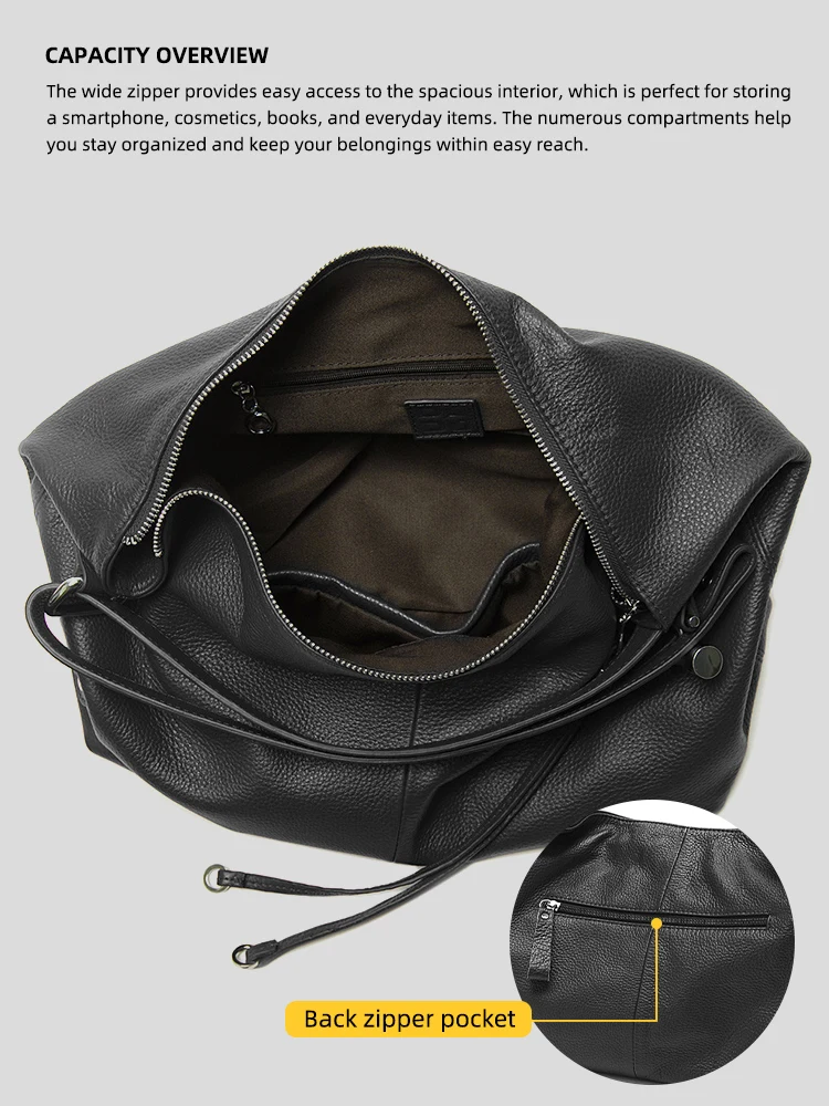 Zency 100% Genuine Leather Large Women Top Handle Shoulder Bag Tote Handbag Purse Black Leather Hobo Bag Underarm Zipper Bags image 5